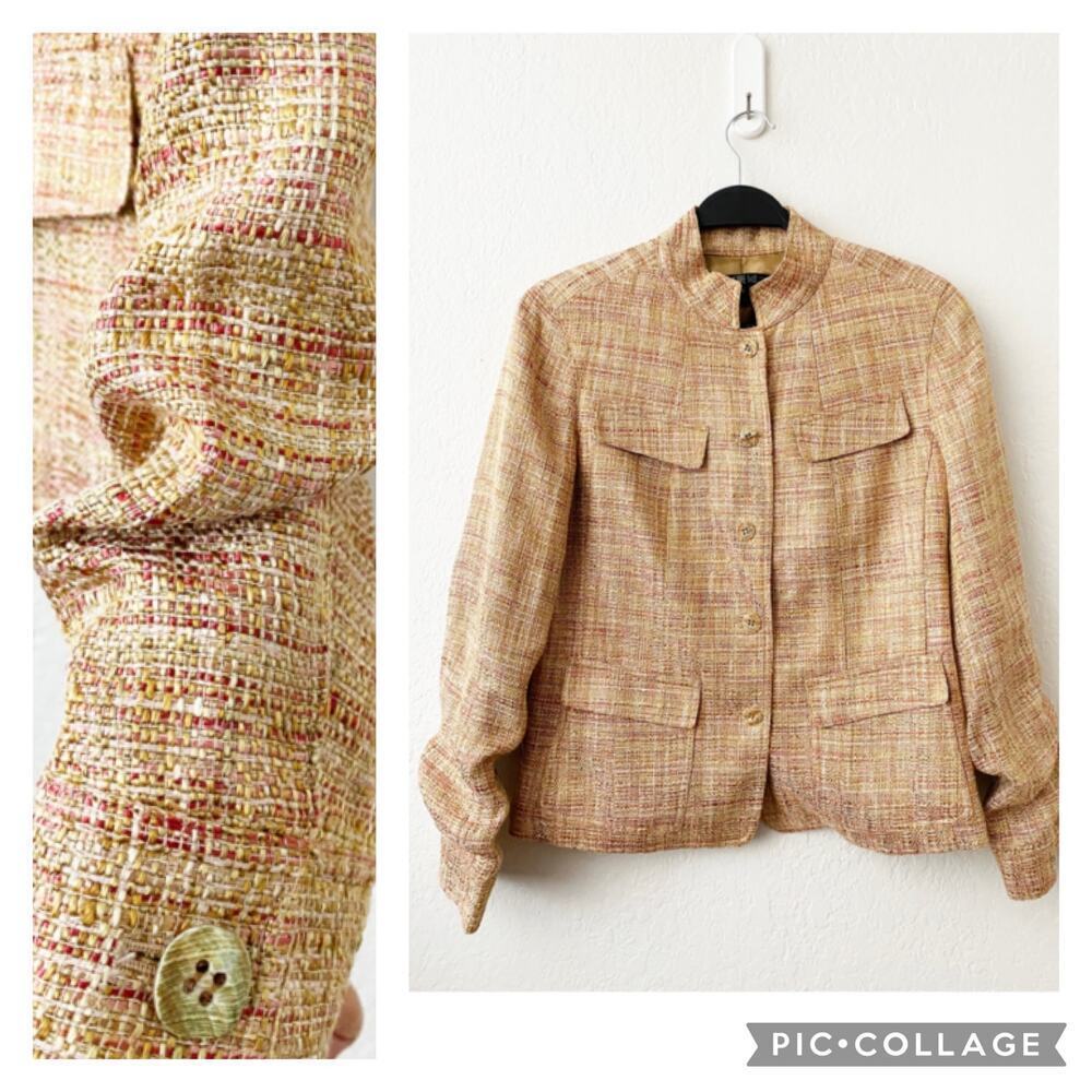 Lafayette‎ 148 Tweed Womens Pink Gold Linen Blend Short Blazer Gathered Sleeve 6